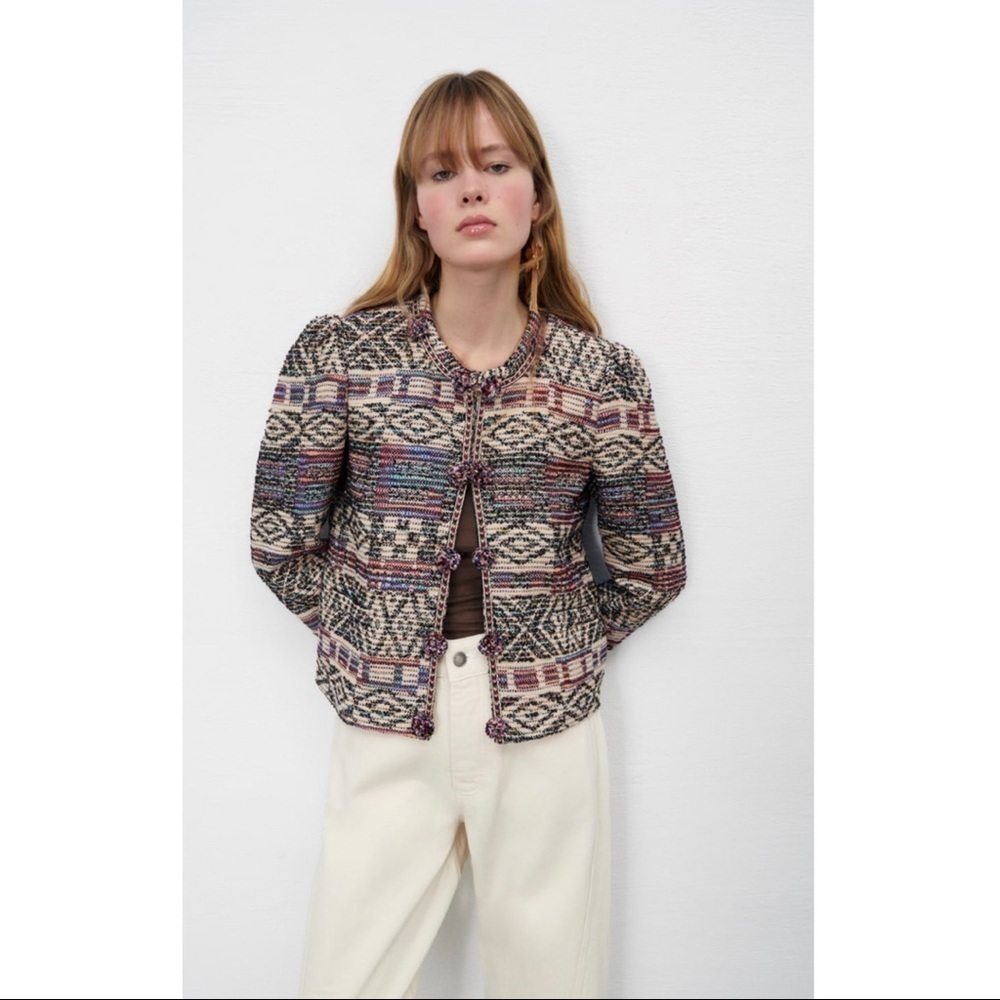 NWT ZARA Cropped Geometric Multicolor Embroidered Wool Blend Jacket Sz S